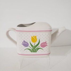 Ceramic Pottery Tea Pot Ceramic Watering Can Vase Planter Tulips Spring 5.5"